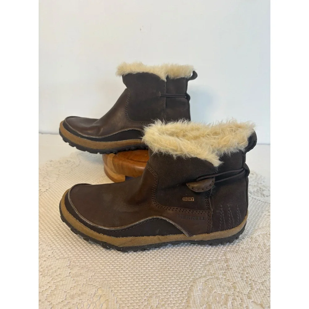 Merrell M-Select DRY Brown Leather gorpcore Suede Faux Fur Winter Boots  w-7.5